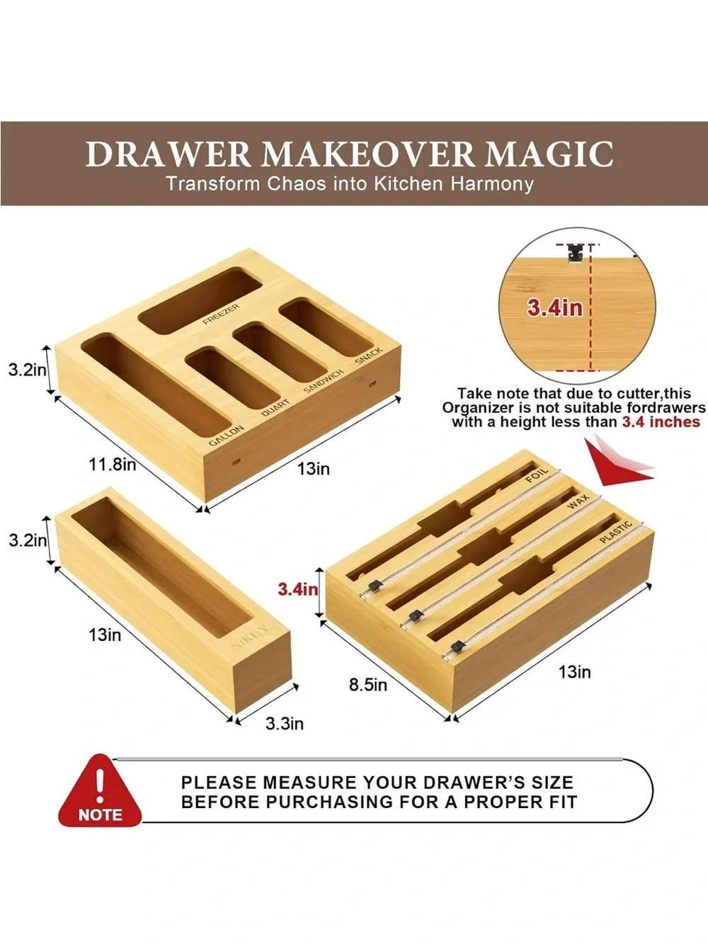 New Open Box 9 IN 1 Bamboo Foil and Plastic Wrap Organizer for Kitchen Drawer
